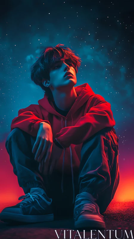 Neon side-lit youth in crouched pose under stylized starfield sky