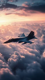 Fighter jet cuts through glowing sunset clouds above horizon.