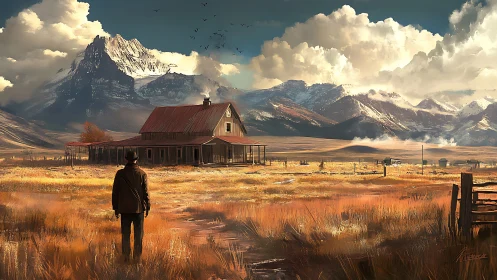 Lone wanderer approaches rustic homestead under towering peaks