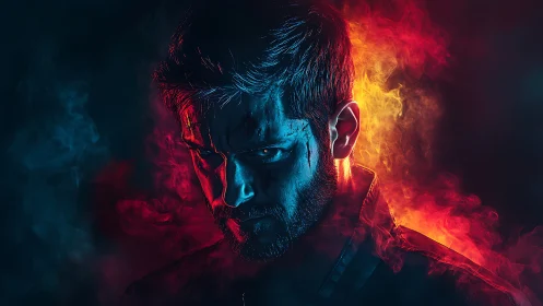 Chromatic split lighting on brooding male portrait in smoke.