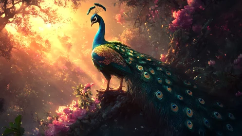 Iridescent peacock in volumetric sunrise forest glade scene.