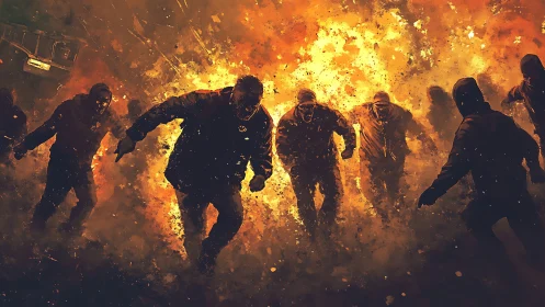 Silhouetted figures advance in front of a large explosion