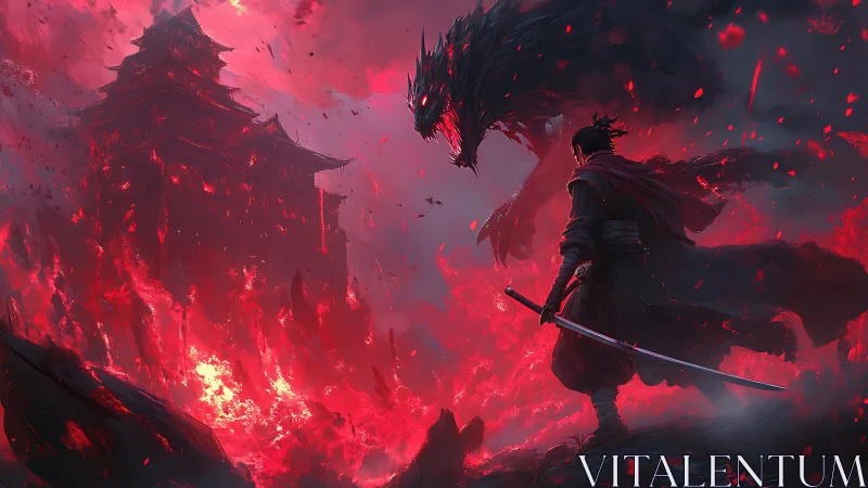 Lone samurai confronts shadow dragon amid burning crimson citadel