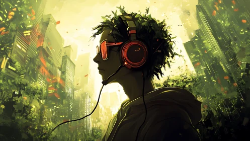 Headphoned figure surveys overgrown neon city skyline