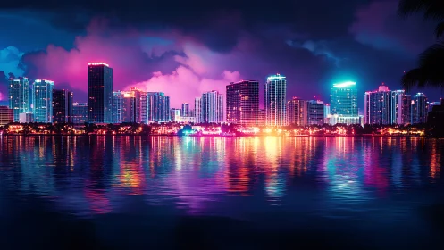 Neon coastal skyline with luminous reflections over water.