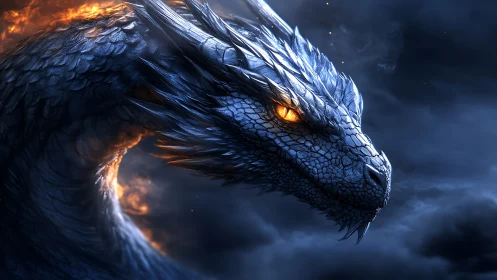 Smoldering blue dragon watching the stormlit horizon.