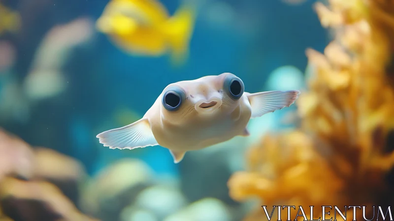 Small pale fish swims in shallow depth-of-field aquarium scene