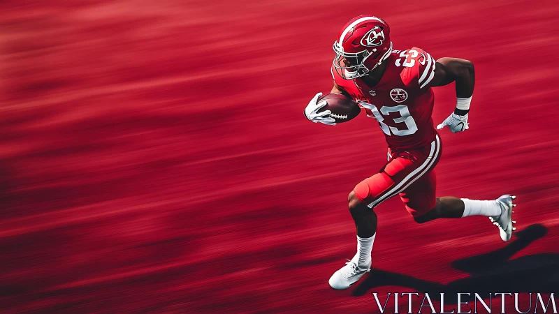Football player sprints across vivid red motion field.