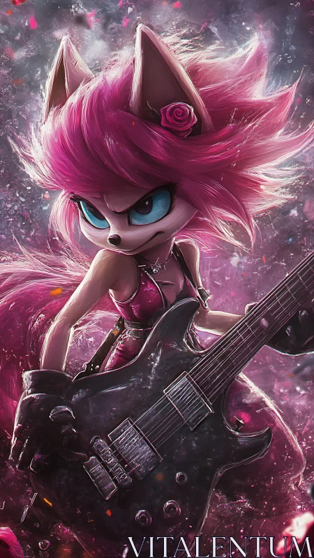 Pink anthropomorphic fox character holding electric guitar.