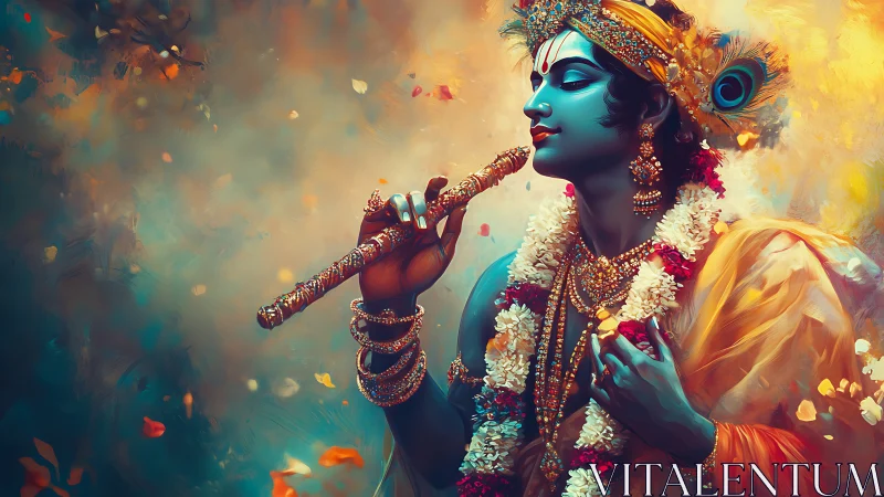 Chromatic deity portrait with flute, floral garlands, and aureate halo.