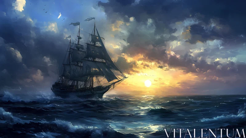 Tall ship under storm-lit sunset over dynamic ocean waves.