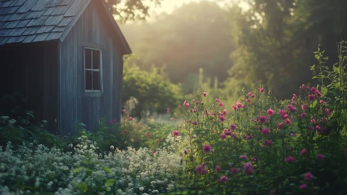 Golden Hour Garden: Cottage with Blooming Perennials.