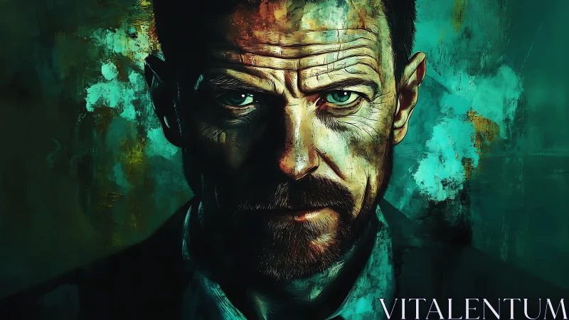 Intense male portrait painted with teal and amber contrasts