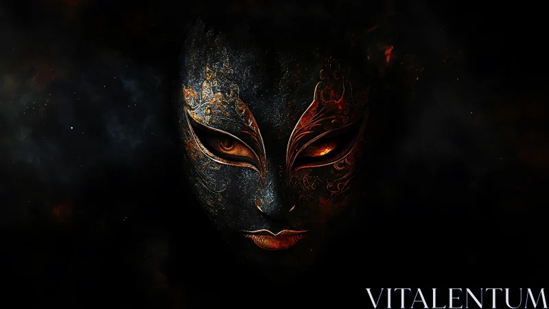Digital painting of ornate fiery mask in voided chiaroscuro.