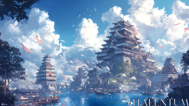 Skybound coastal citadel crowns misty harbor skyline.