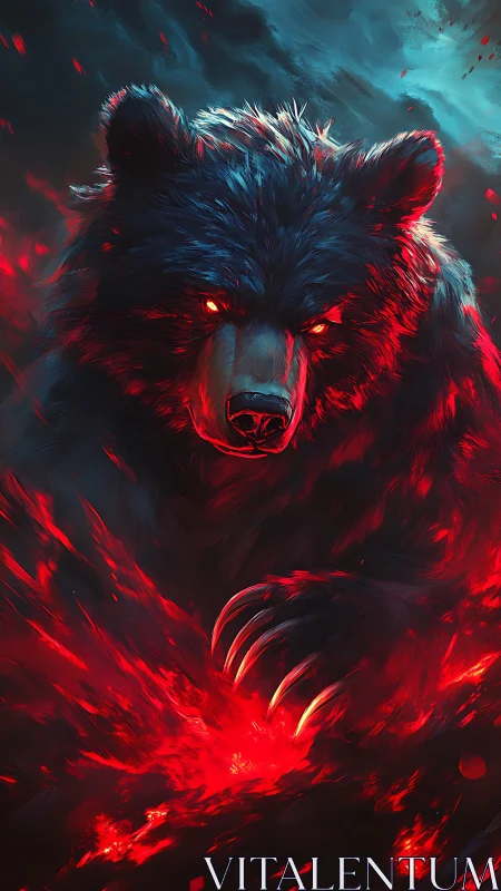 Infernal spirit bear charges through blazing crimson fire.