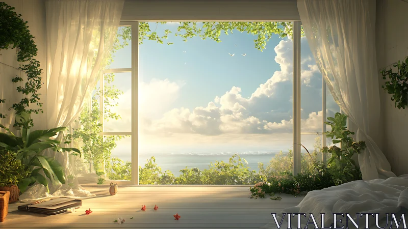 Sunlit bedroom interior opens onto ocean horizon view