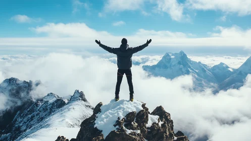 Triumphant hiker under vast alpine sky above snowy peaks.