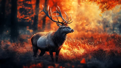 Majestic stag glows in a warm, fiery autumn forest light