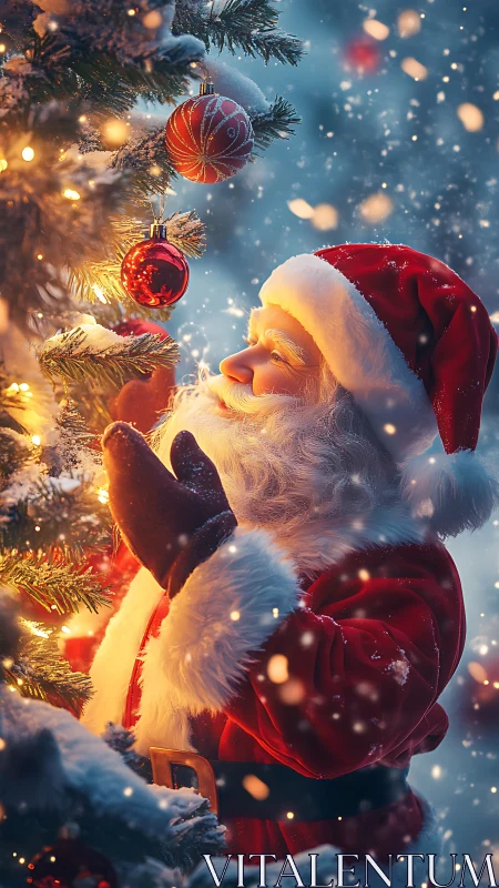 Santa Claus decorates illuminated snow covered Christmas tree