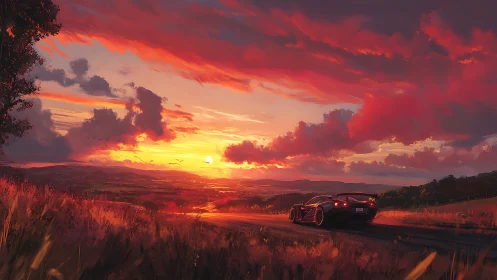 Sports car on rural road under vivid red sunset sky.