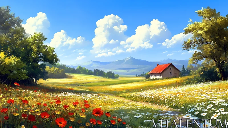 Rural meadow landscape shows cottage, fields and mountains