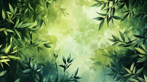 Green foliage frame around soft light forest opening.