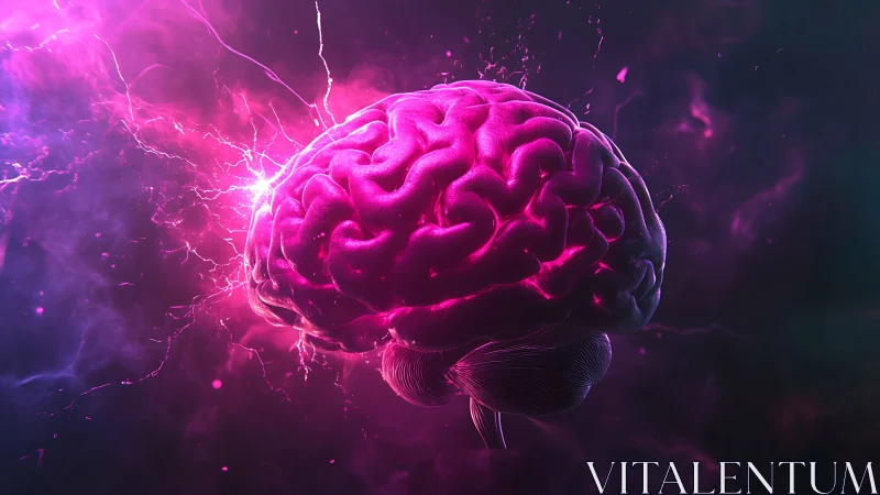 Glowing pink human brain with electric energy field.