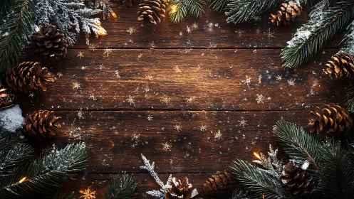 Snow-dusted pine boughs quietly frame a rustic winter table
