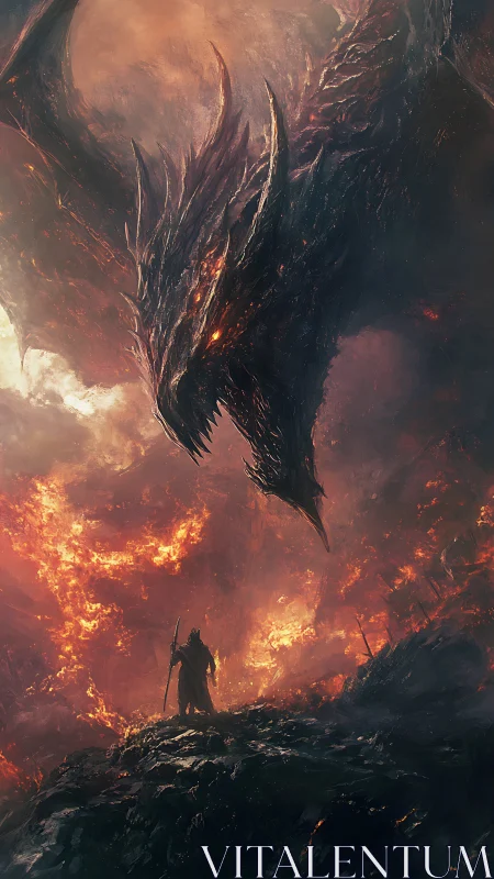 Colossal infernal dragon confronting lone armored warrior