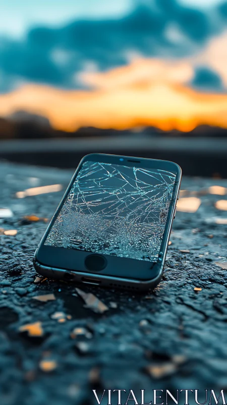 Broken smartphone on wet asphalt with blurred sunset background.
