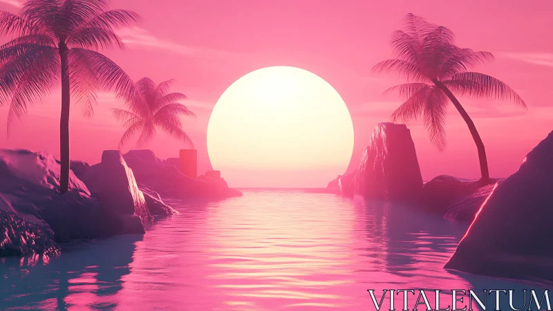 Neon tropical sunset over reflective pink ocean lagoon.