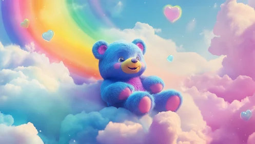 Blue plush teddy bear resting on pastel clouds and rainbow.