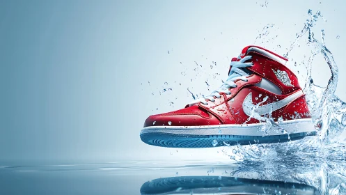 Red athletic sneaker splashing through clear water surface.