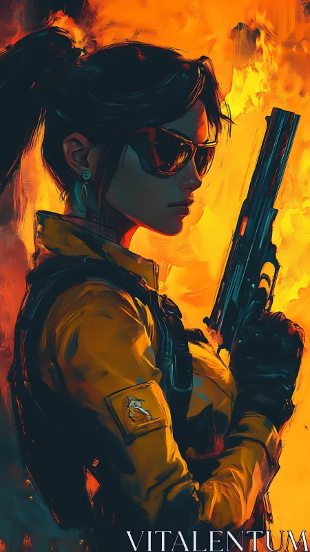 Tactical agent holds pistol before blazing firestorm