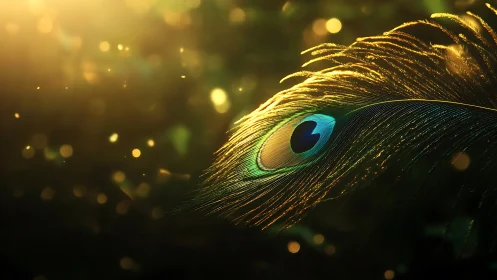 Iridescent peacock feather macro in golden bokeh light.