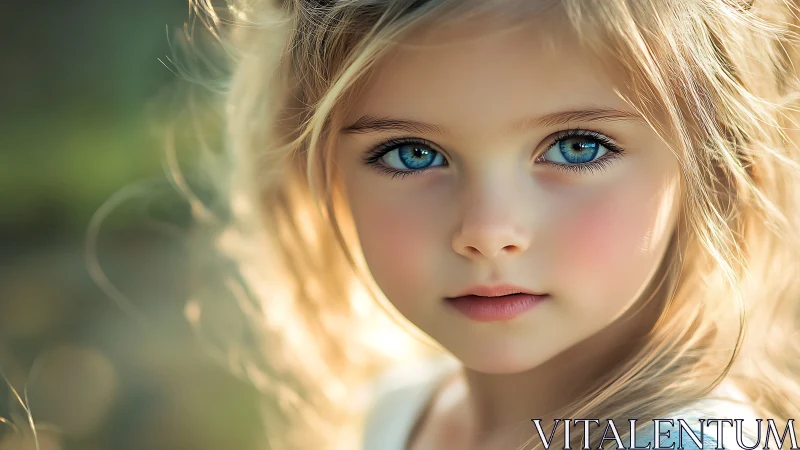 Young girl with striking blue eyes gazes through golden sunlight