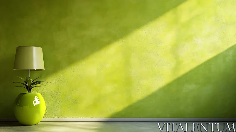 Minimalist lime interior with lamp, plant and bold light band.