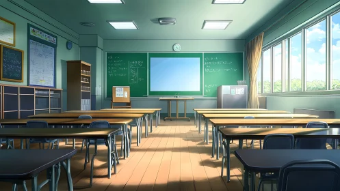 Sunlit empty anime classroom with desks and chalkboard.