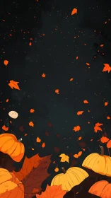 Autumn pumpkins and drifting leaves under starry night sky.