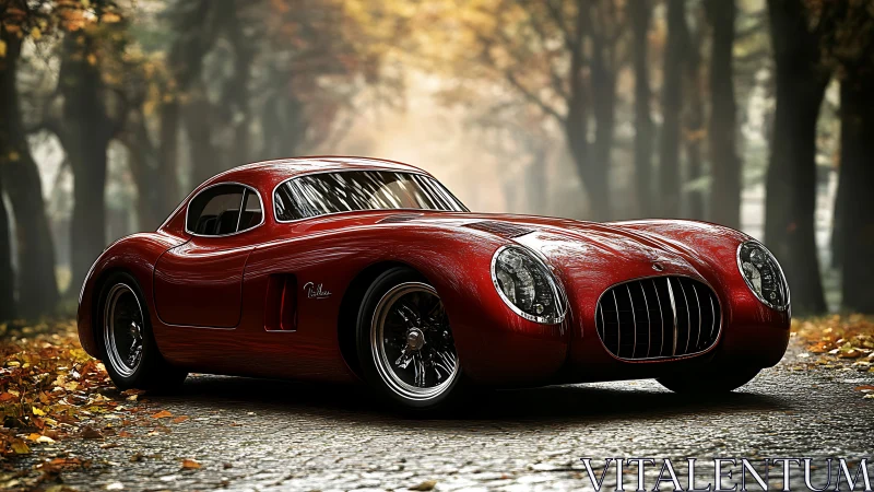 Curved red classic coupe glows along a quiet autumn avenue