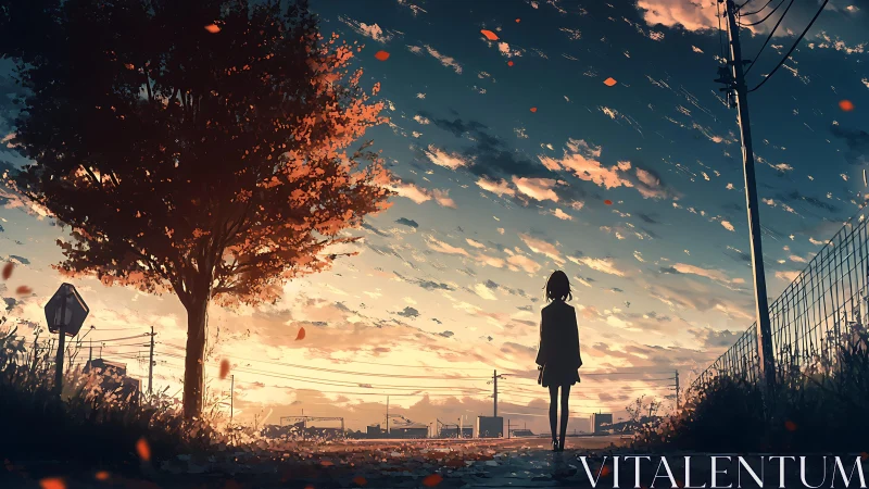 Soft autumn sunset welcomes a quiet figure under glowing sky