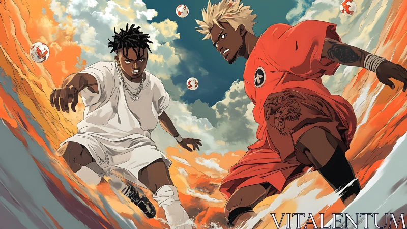 Kinetic anime duel with urban streetwear and fluid dynamics.