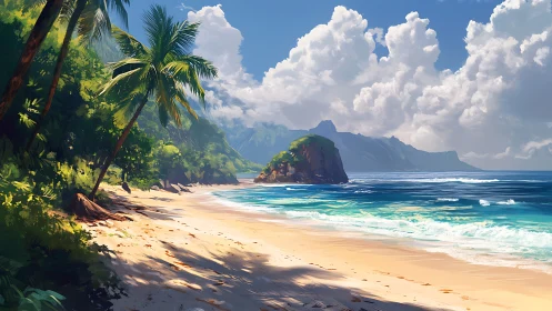 Tropical Coastline Paradise. Secluded Beach, Mountain Peaks, Palm Shade.
