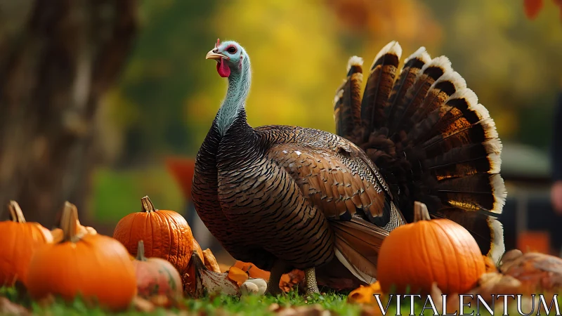 Galliform display turkey amid autumnal cucurbit composition.