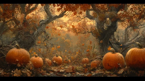 Pumpkin grove glows under twisted autumn forest canopy.