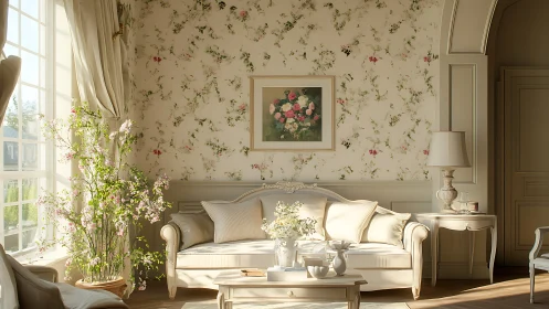 Sunlit floral living room with elegant cream sofa decor.