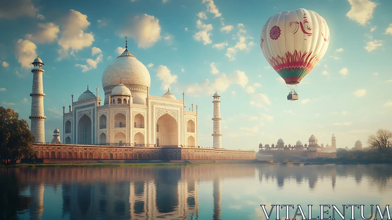 Balloon over Taj Mahal in atmospheric optical stillness.
