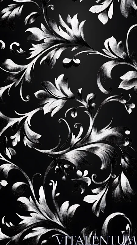 Monochrome baroque floral pattern on dark background.