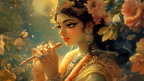 Digital portrait shows ornate figure holding flute in flora